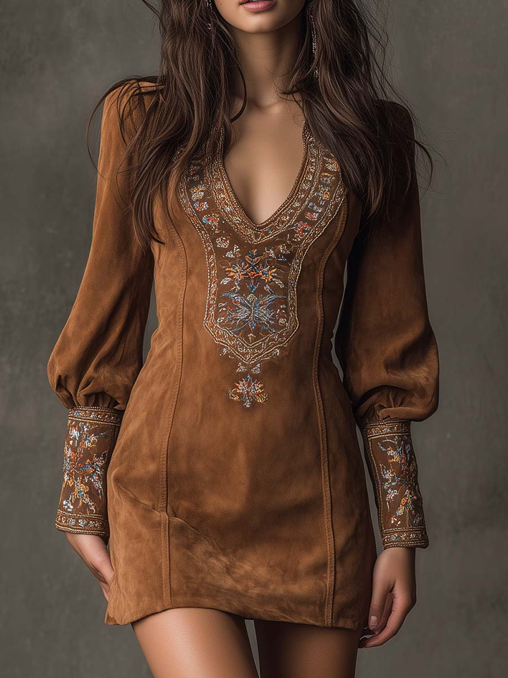 Lunori™ | Purple embroidered suede mini dress