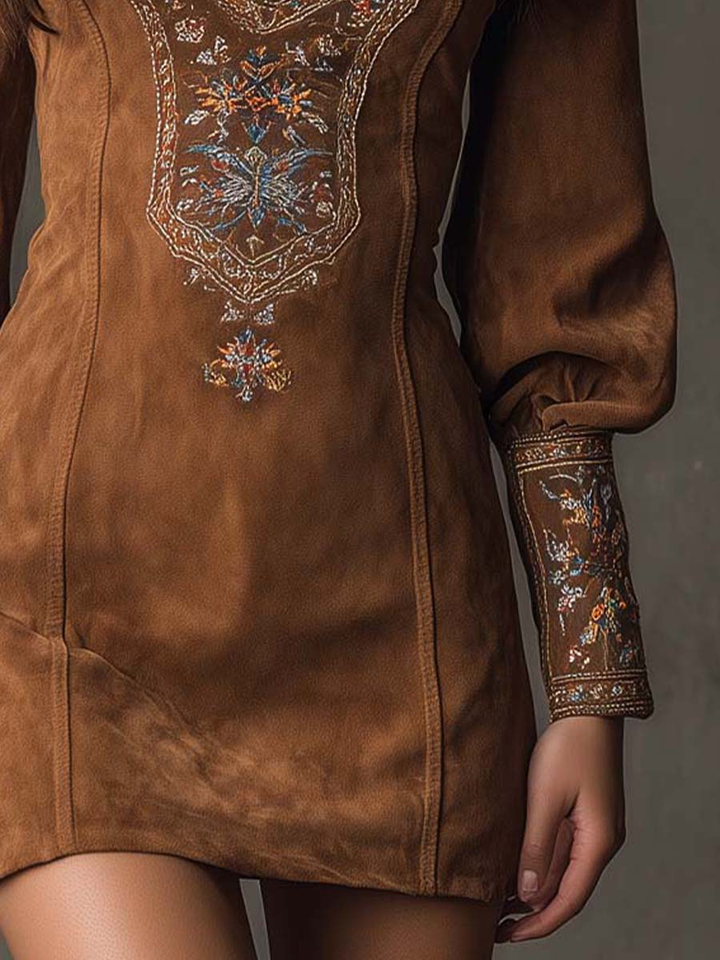 Lunori™ | Purple embroidered suede mini dress