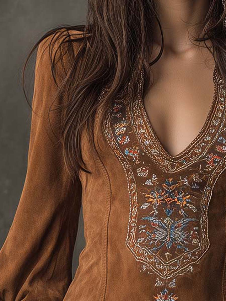 Lunori™ | Purple embroidered suede mini dress