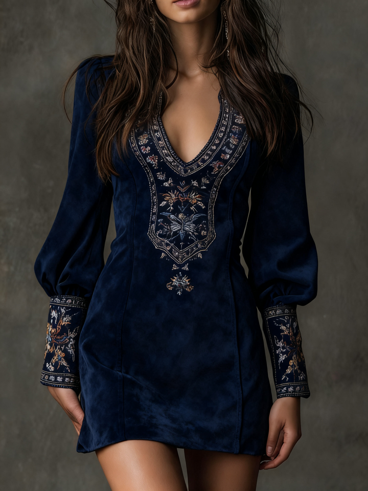 Lunori™ | Purple embroidered suede mini dress