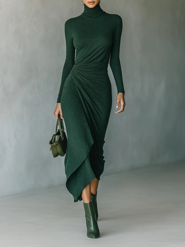 Lenora™ - Asymmetrical wrap midi dress with pleats and high neck in dark green