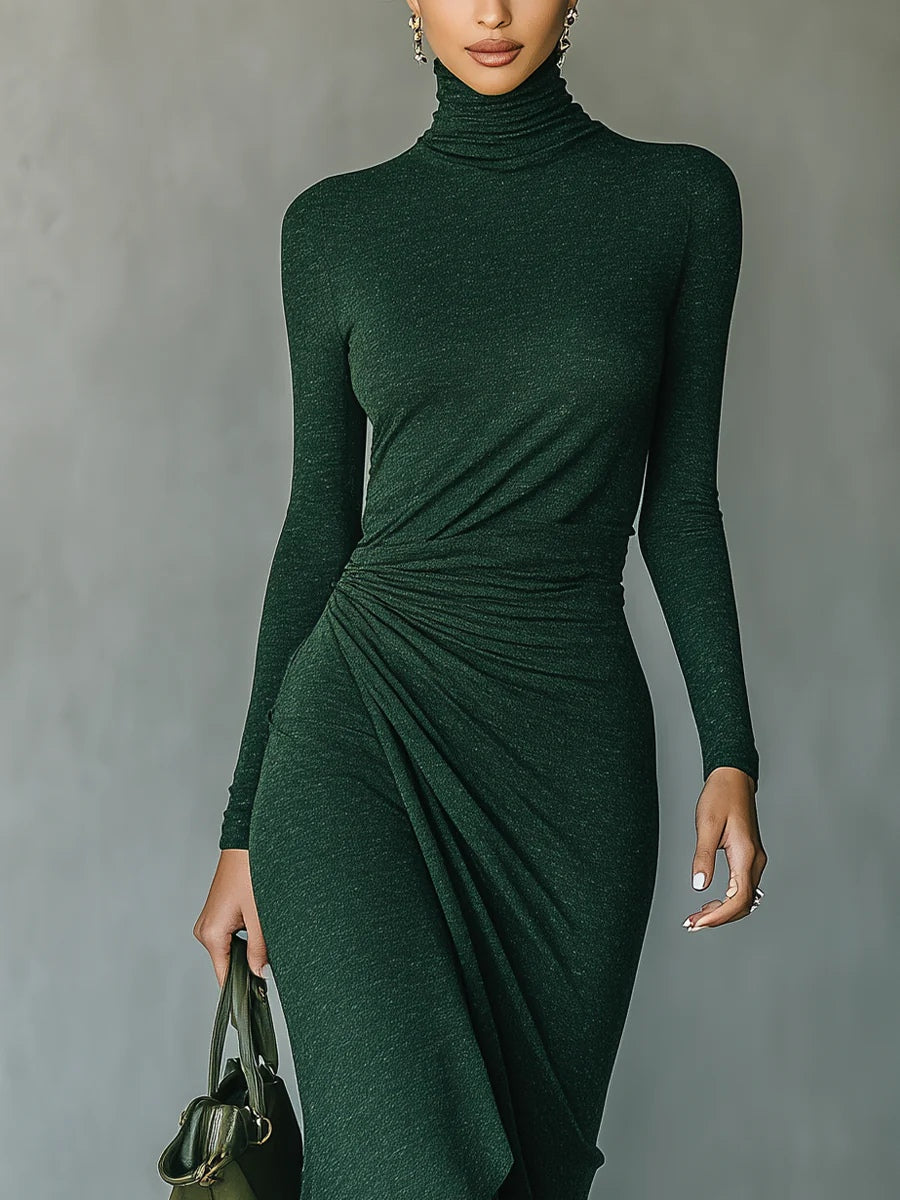 Lenora™ - Asymmetrical wrap midi dress with pleats and high neck in dark green