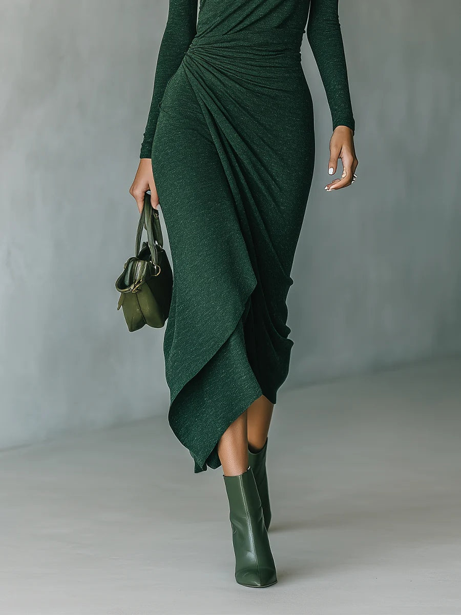 Lenora™ - Asymmetrical wrap midi dress with pleats and high neck in dark green