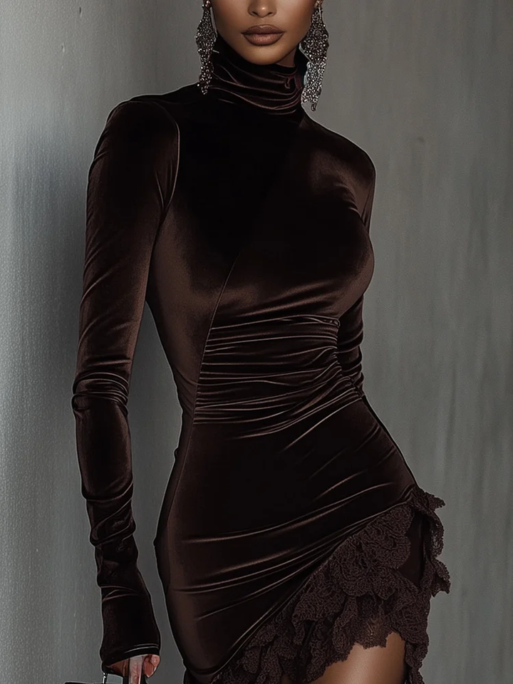 Gaia™ - Chocolate Velvet Fitted Mini Dress with High Neck and Lace Hem