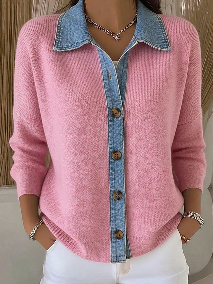 Knit Cardigan with Polo Collar and Denim Patches, with Buttons