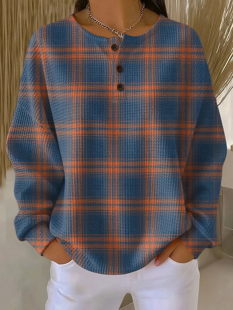Women's Plaid Print Casual Cotton Buttoned Cardigan Sweater