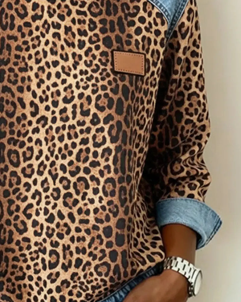 Molly - Leopard Print Patchwork Denim Sweater