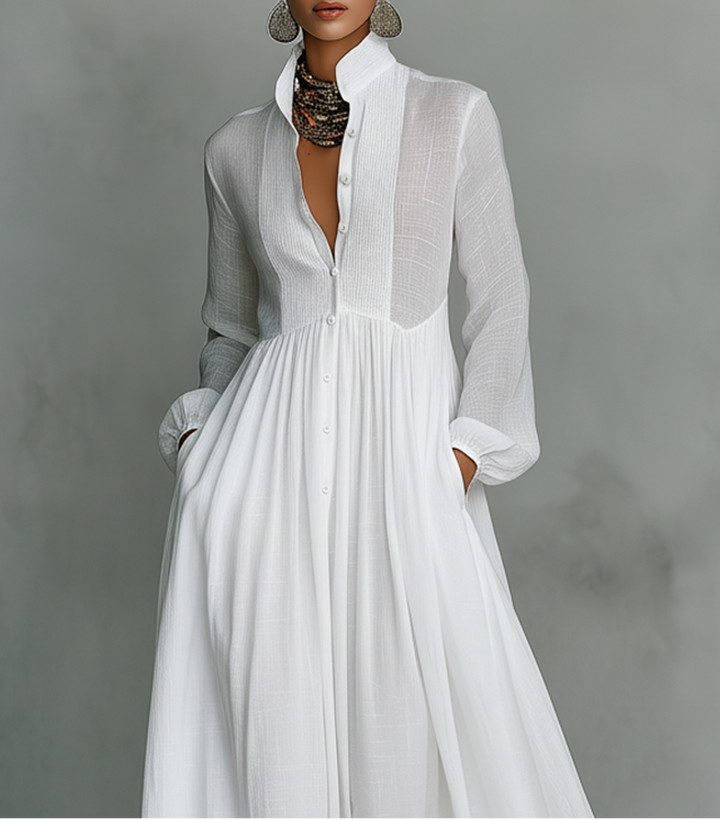 Elisa | Maxi Minimalist Cotton and Linen Dress with Patchwork, High Neck, and Long Sleeves