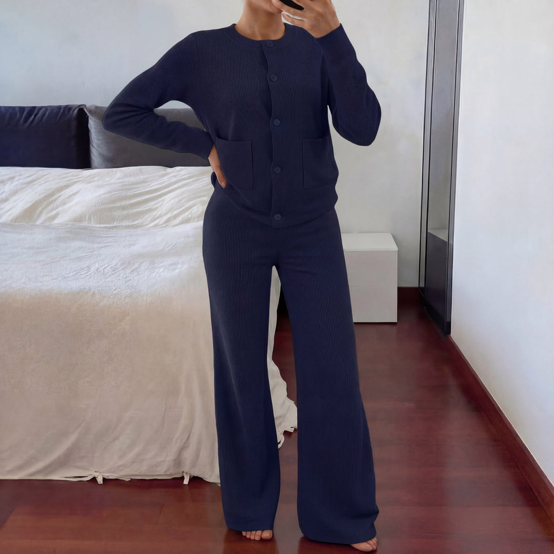 Navy Blue knit sweater and wide-leg pants set