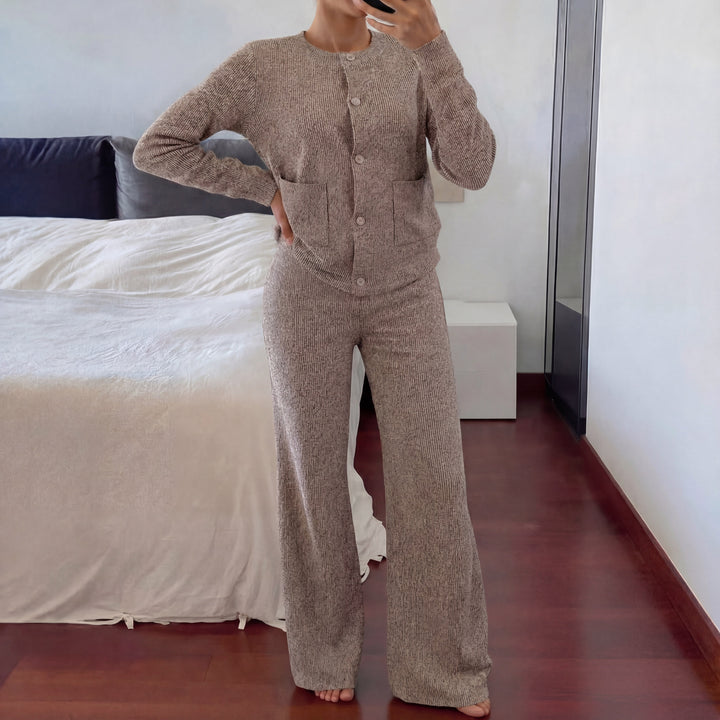 Brown knit sweater and wide-leg pants set