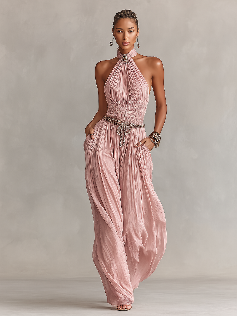 Margaux – Pleated Pink Jumpsuit with Halter Neck & Ruched Waist