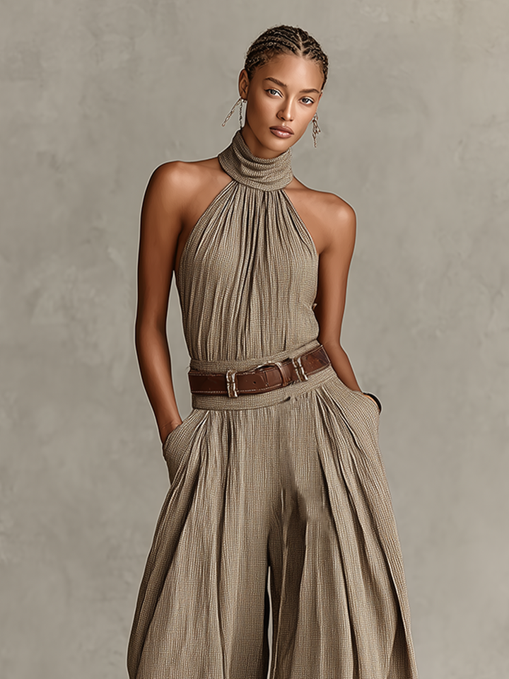 Lucie – Taupe Halter Neck Jumpsuit with Fitted Waist