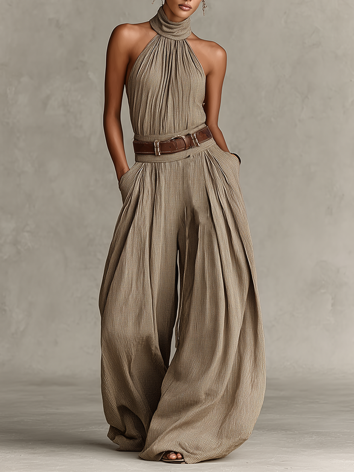 Lucie – Taupe Halter Neck Jumpsuit with Fitted Waist