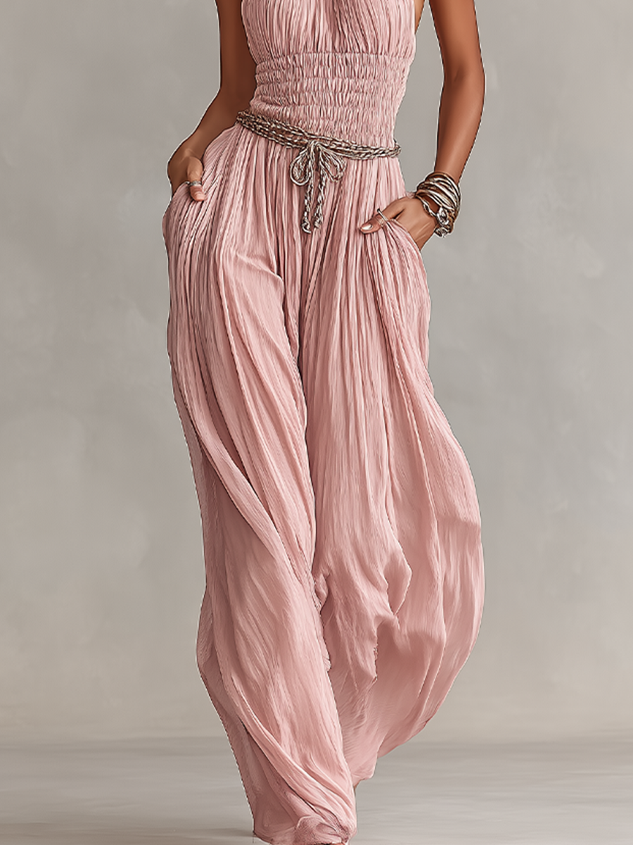 Margaux – Pleated Pink Jumpsuit with Halter Neck & Ruched Waist