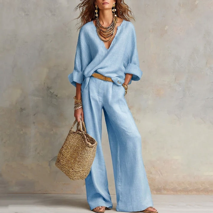 Ilaina™ | V-Neck Top & Wide-Leg Trousers Set