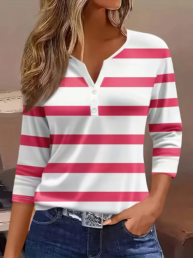 MELANIE – STRIPED BUTTON HENLEY TOP