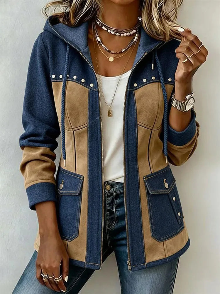 Chic denim patchwork suede jacket with hood