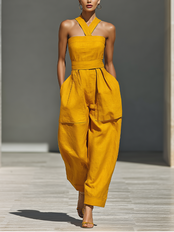 Gabrielle – Mustard Yellow Linen Jumpsuit