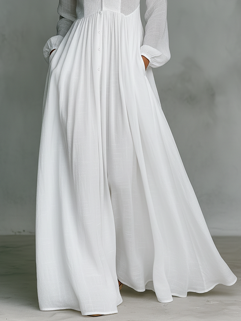 Elisa | Maxi Minimalist Cotton and Linen Dress with Patchwork, High Neck, and Long Sleeves