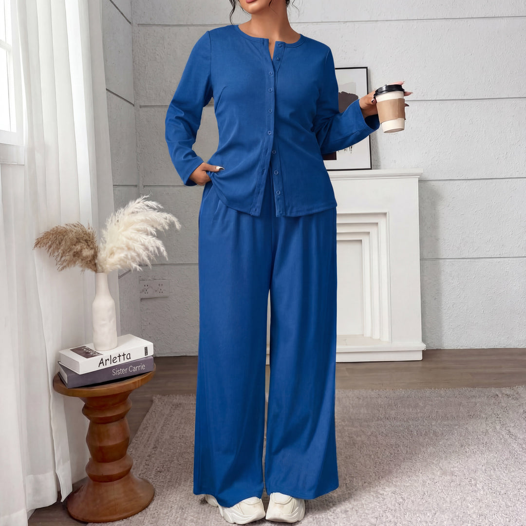 Blue knitted sweater and pants set