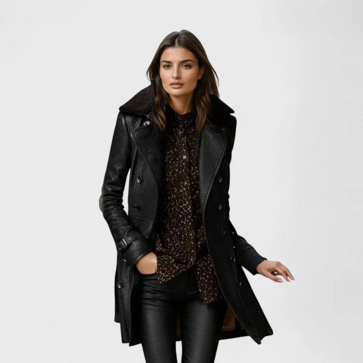Black leather-look trench coat