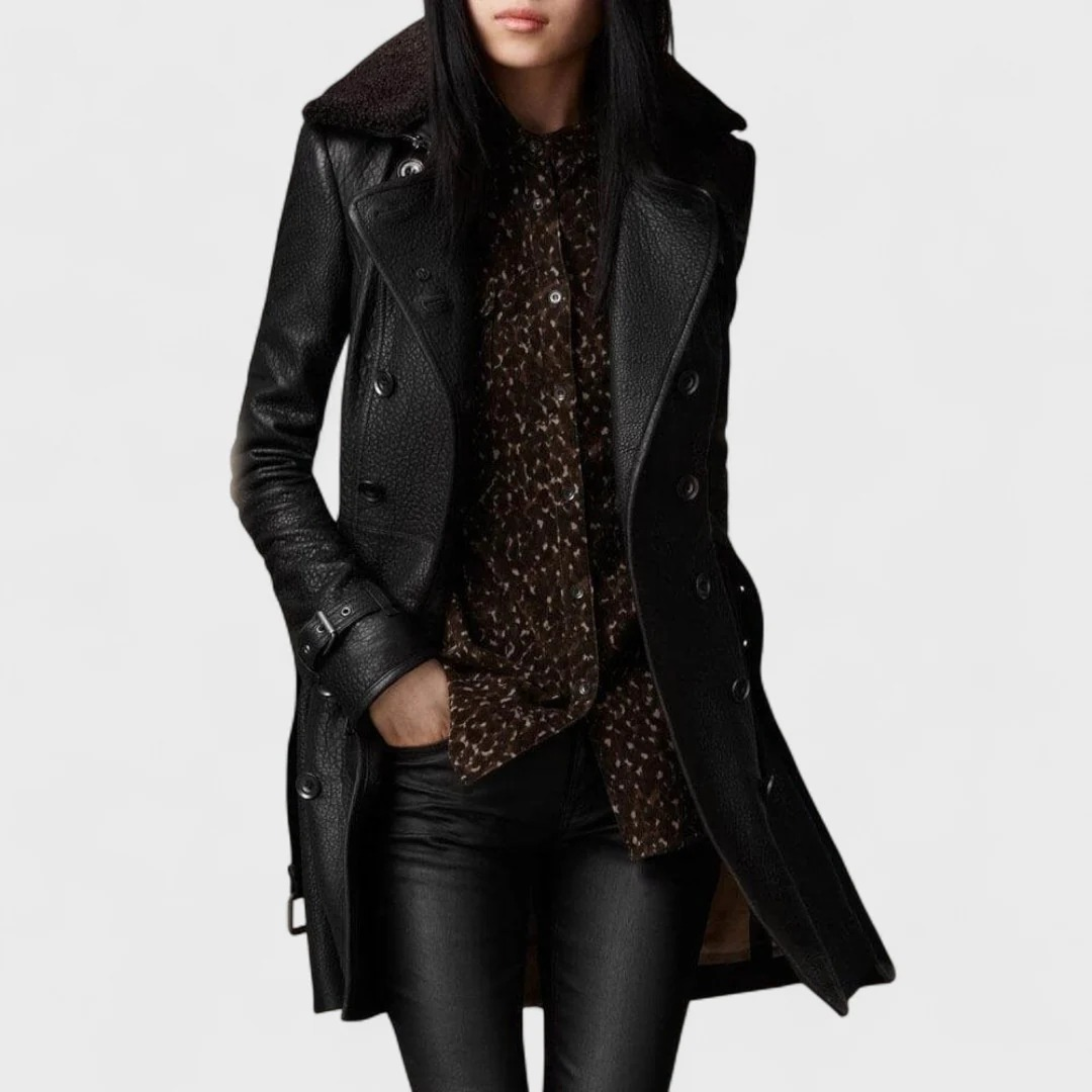 Leather-look trench coat front view