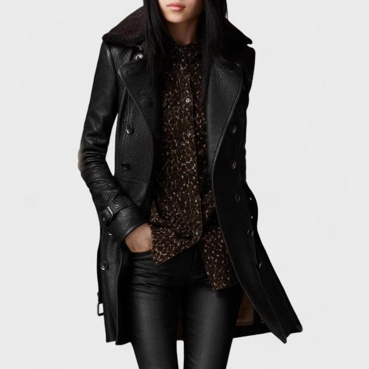 Leather-look trench coat front view