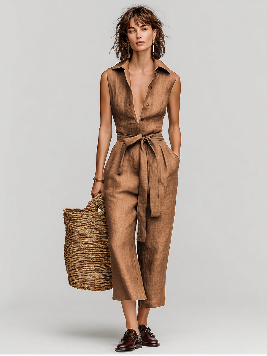 Élodie – Tobacco Brown Linen Overalls