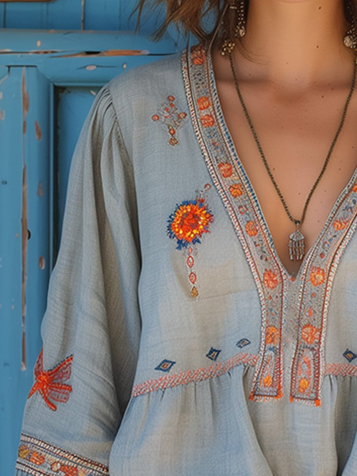 MADELINE – BOHO EMBROIDERED FLOWY BLOUSE