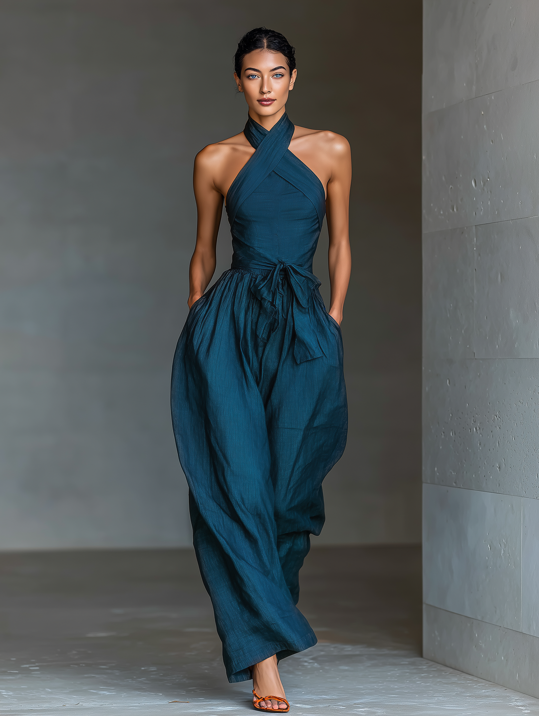 Solène – Crossover Strappy Navy Linen Jumpsuit