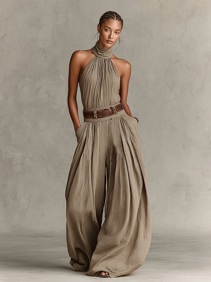 Lucie – Taupe Halter Neck Jumpsuit with Fitted Waist