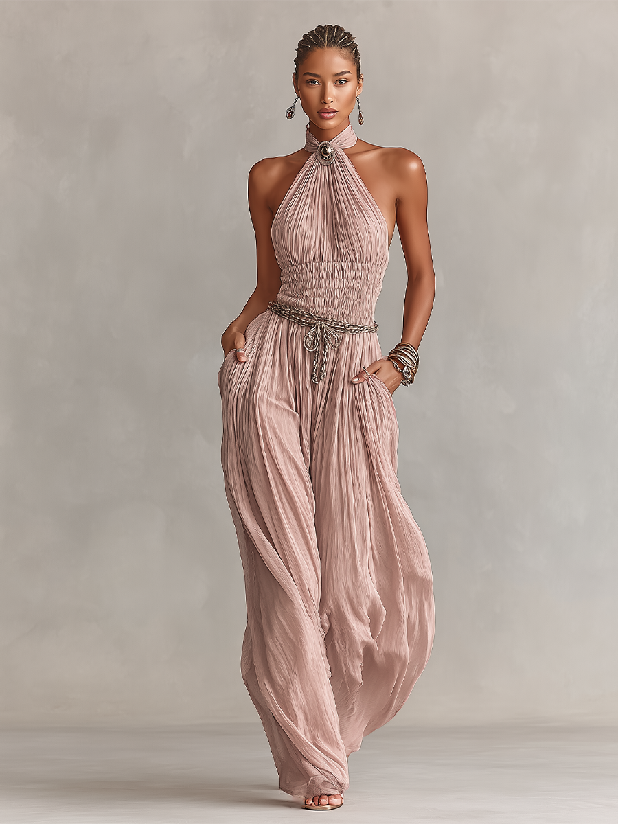 Margaux – Pleated Pink Jumpsuit with Halter Neck & Ruched Waist
