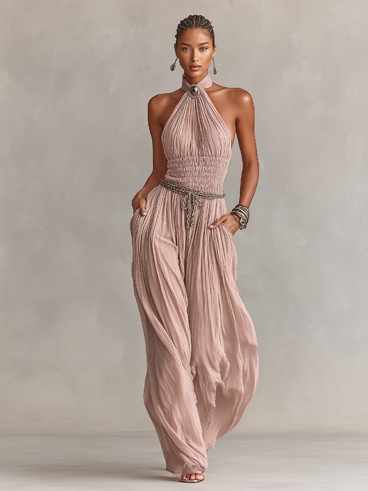 Margaux – Pleated Pink Jumpsuit with Halter Neck & Ruched Waist