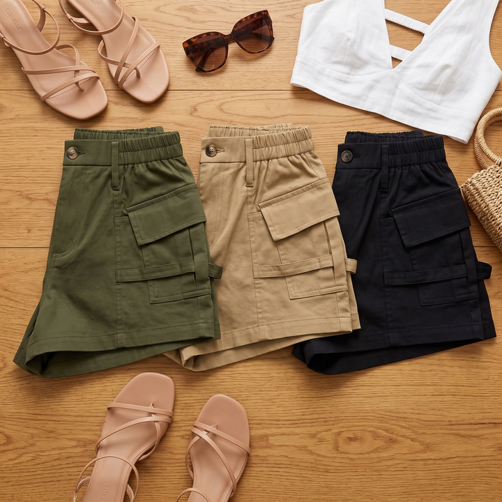 Curvella™ | High-Waisted Stretch Cargo Shorts