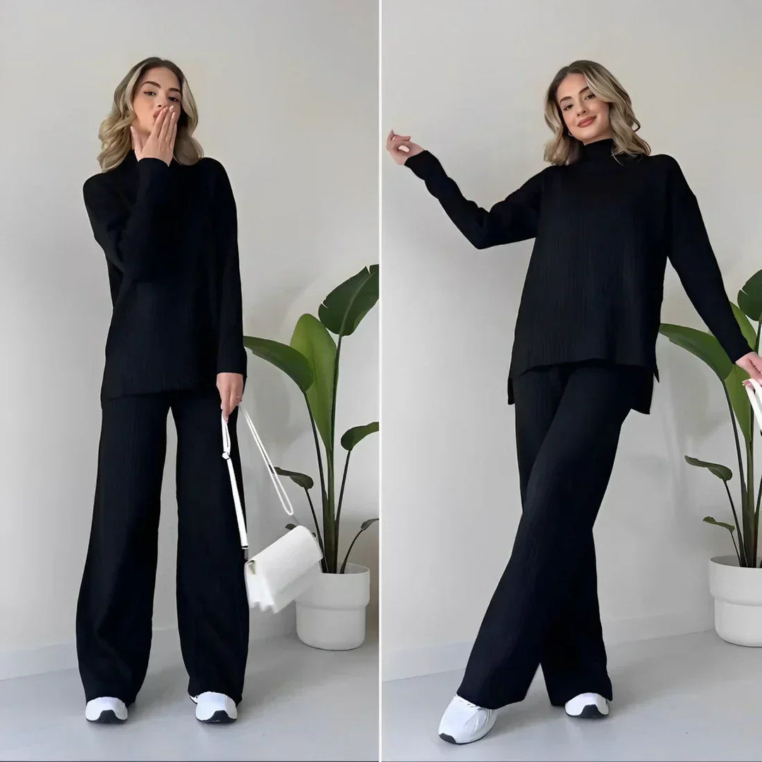 Matching sweater and pants set styling detail