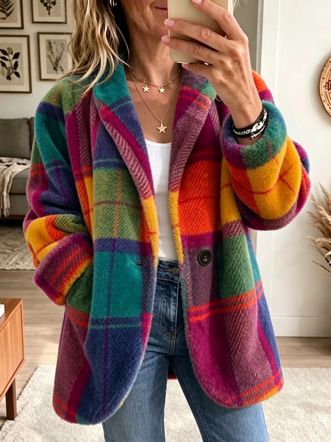 Lavinia - Women's Jacket with Check Pattern, Soft Texture, and Pockets