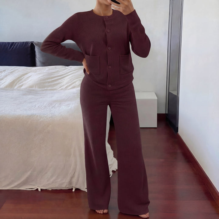Dark Brown knit sweater and wide-leg pants set