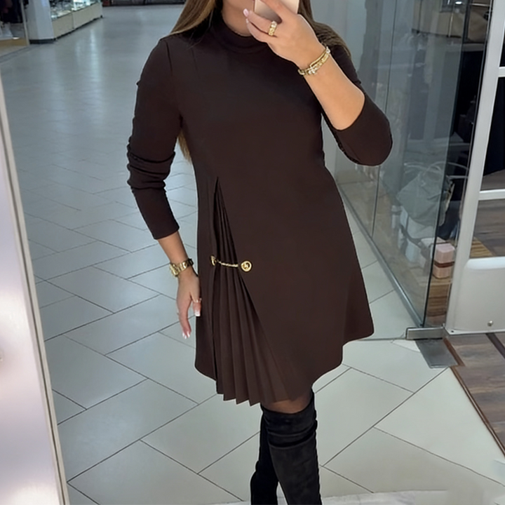 Beth - A-Line Dress with Pleated Detail and Gold Chain