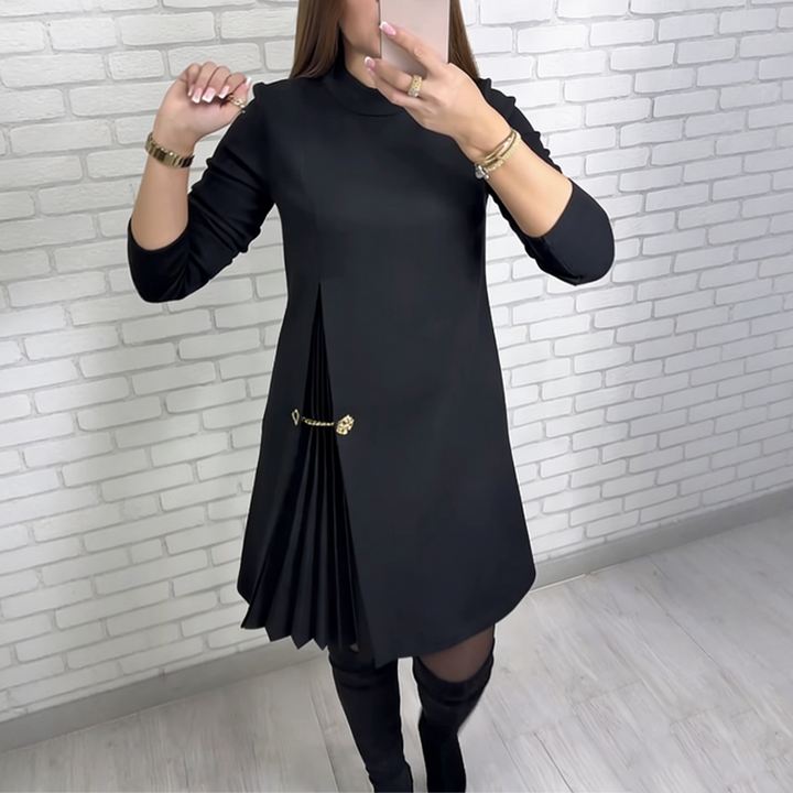 Beth - A-Line Dress with Pleated Detail and Gold Chain
