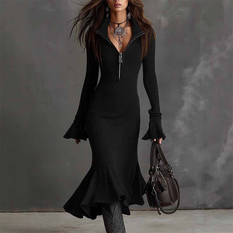 Katy - Elegant knitted mermaid dress with zipper and wide sleeves