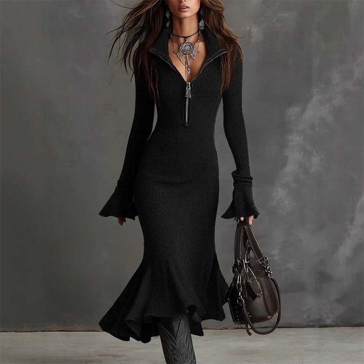 Katy - Elegant knitted mermaid dress with zipper and wide sleeves