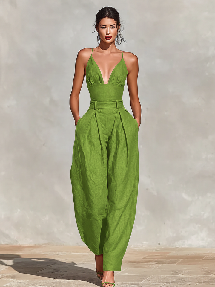Estelle – Red Linen Jumpsuit with Delicate Straps