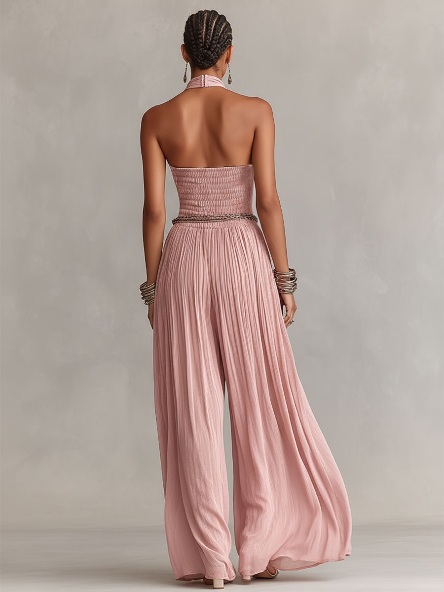 Margaux – Pleated Pink Jumpsuit with Halter Neck & Ruched Waist
