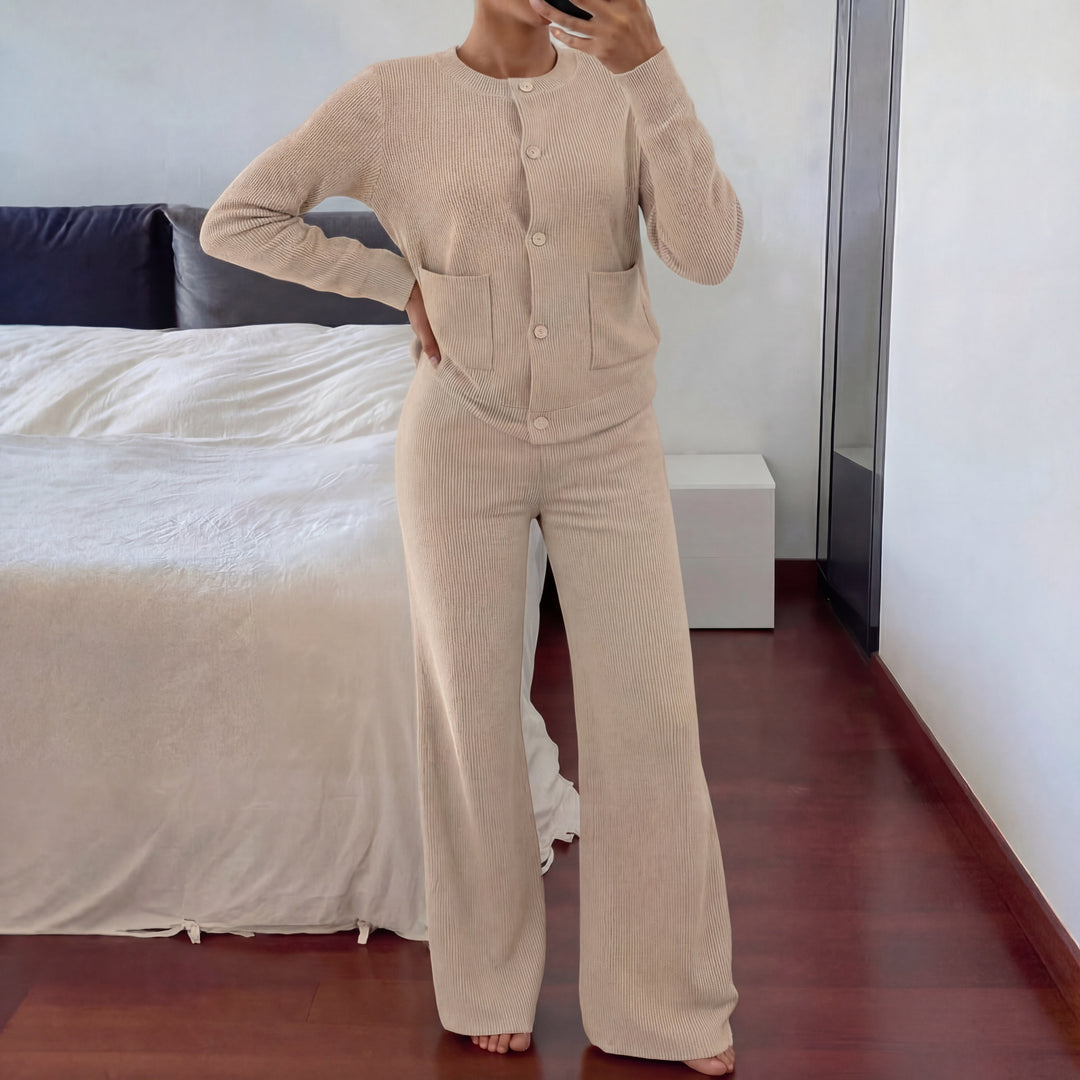 Apricot knit sweater and wide-leg pants set