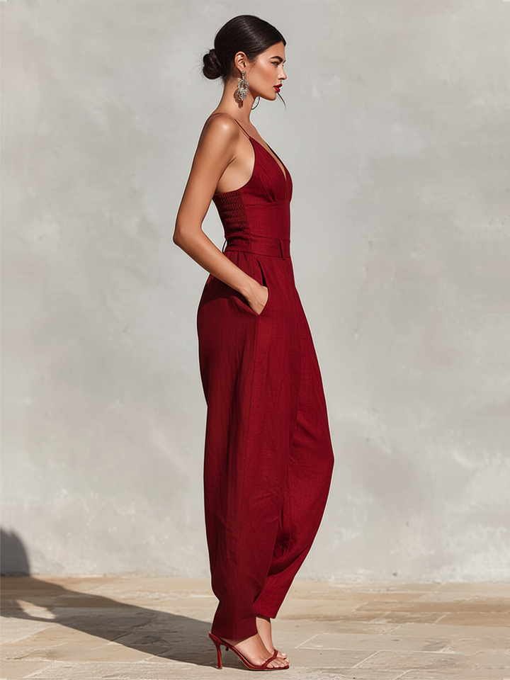Estelle – Red Linen Jumpsuit with Delicate Straps